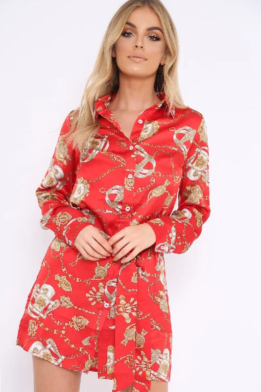 Stylish Casual Plaid Shirt Dress-Red and Gold Chain Print Shirt Dress - Pollyann