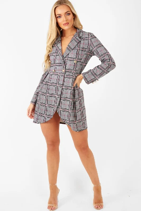 Wrap Dress with Pleated Sleeves -Wrap Dress with Contrast Stitching -Red Black Check Wrap Blazer Dress - Emry Wrap Dress with Pleated Sleeves -Wrap Dress with Contrast Stitching -Red Black Check Wrap Blazer Dress - Emry