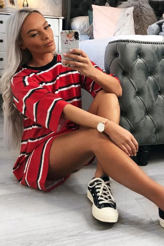 Casual Black Shirt Dress-Red Black Stripe Oversized T-Shirt Dress - Rayelle