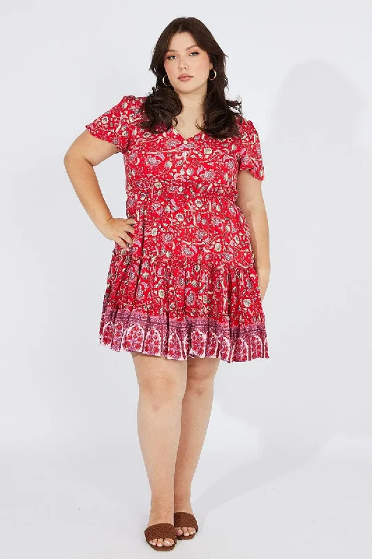 Halter Neck Flare Dress -Red Boho Fit And Flare Dress V-neck Mini Dress