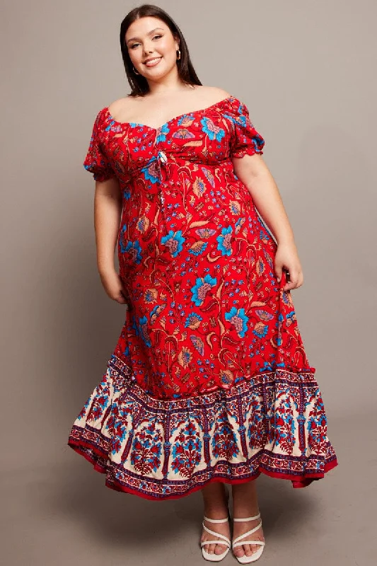 Women's Wrap-around Maxi Dress-Red Boho Puff Sleeve Maxi Dress High Low Hem