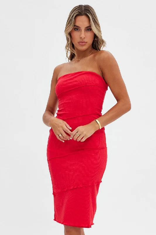 Women's Bodycon Dress for Day Out -Red Boob Tube Dress Midi Bodycon Ribbed Bandeau