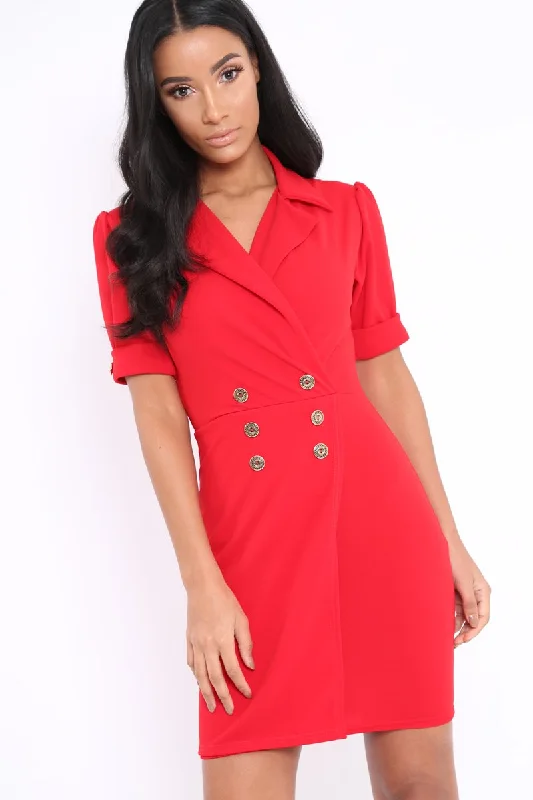Wrap Dress with Chiffon Fabric -Wrap Dress for Work -Red Button Detail Plunge Wrap Blazer Dress - Aizah Wrap Dress with Chiffon Fabric -Wrap Dress for Work -Red Button Detail Plunge Wrap Blazer Dress - Aizah