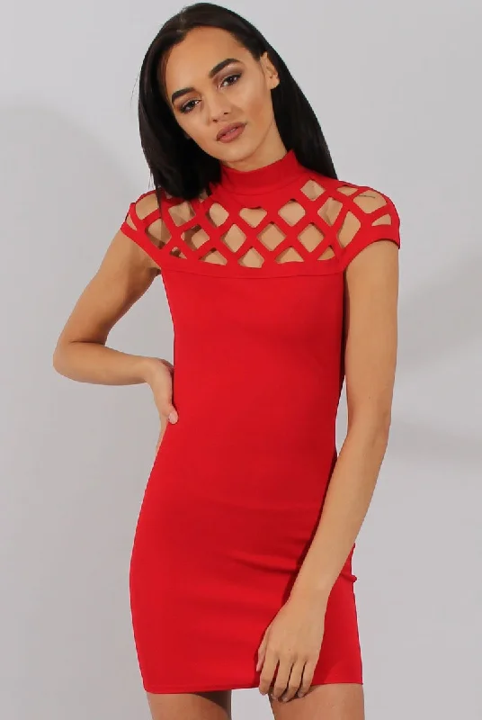 Sleeveless Bodycon Dress -Red Cage High Neck Bodycon Dress- Kade
