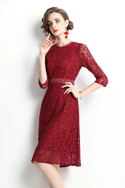 Vintage-Inspired Party Dress for Retro Style -Red Cocktail & Party A-line Crewneck Elbow Sleeve Knee Lace Dress