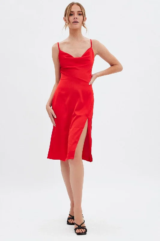 Sleeveless Satin Slip Dress for Summer -Black Satin Slip Dress for Special Event -Red Cowl Neck Slip Midi Dress