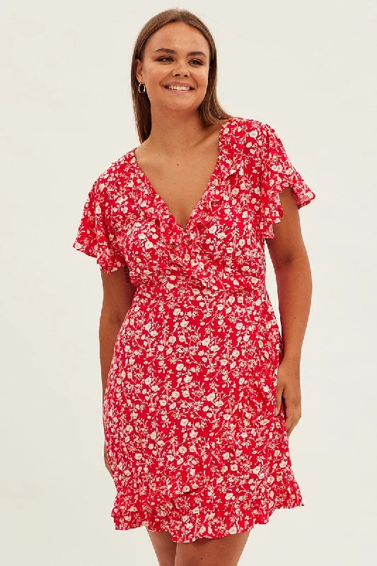 Wrap Dress with Open Back Design -Wrap Dress for Anniversary -Red Ditsy Wrapover Frill Detail Dress Rayon Wrap Dress with Open Back Design -Wrap Dress for Anniversary -Red Ditsy Wrapover Frill Detail Dress Rayon