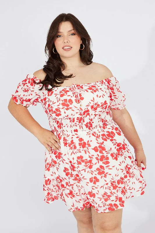 Lace Flare Dress -Red Floral Fit And Flare Dress Short Sleeve Ruched Bust