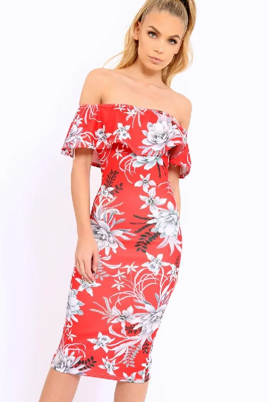 Bodycon Dress with Slit -Red Floral Frill Bardot Bodycon Midi Dress - Aphra