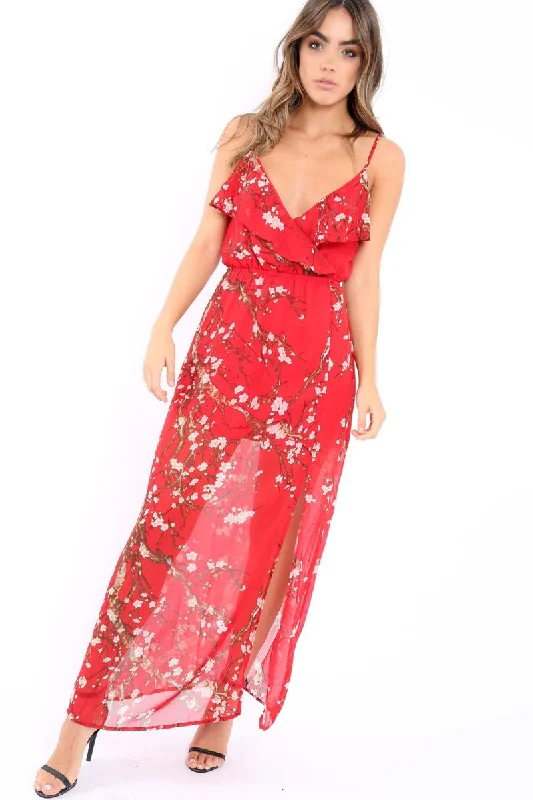 Women's Sequin Detail Maxi Dress-Red Floral Maxi Dress with Frill - Zaila