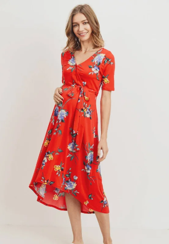 Maternity Dresses with Crisscross Detail -Red Floral Print High-Low Maternity Dress Maternity Dresses with Crisscross Detail -Red Floral Print High-Low Maternity Dress