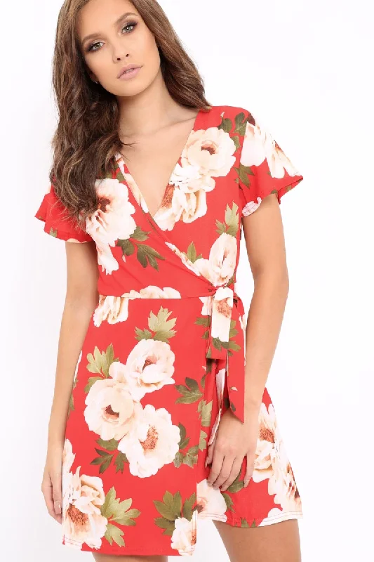 Tie Waist Wrap Dress -Wrap Dress for Anniversary Dinner -Red Floral Print Wrap Dress - Norie Tie Waist Wrap Dress -Wrap Dress for Anniversary Dinner -Red Floral Print Wrap Dress - Norie