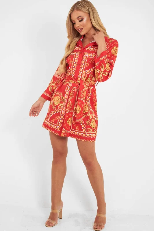 Women's Simple Long Shirt Dress-Red Gold Chain Print Belted Shirt Dress - Estie