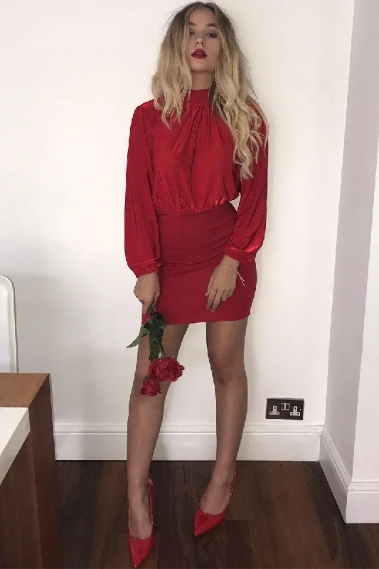 Bodycon Dress with Belt -Red High Neck Slinky Bodycon Mini Dress - Larina