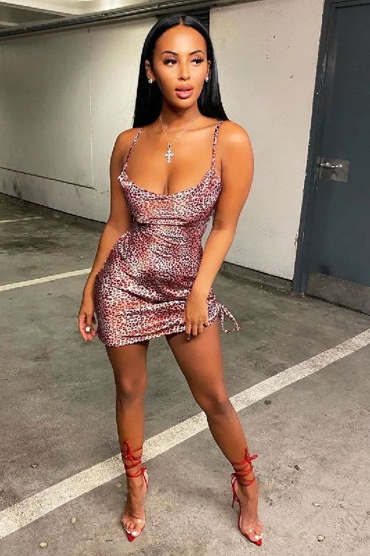 Slip Dress with Lace Detail at Neckline -Short Black Slip Dress for Casual Wear -Red Leopard Satin Ruched Side Slip Bodycon Dress - Davie