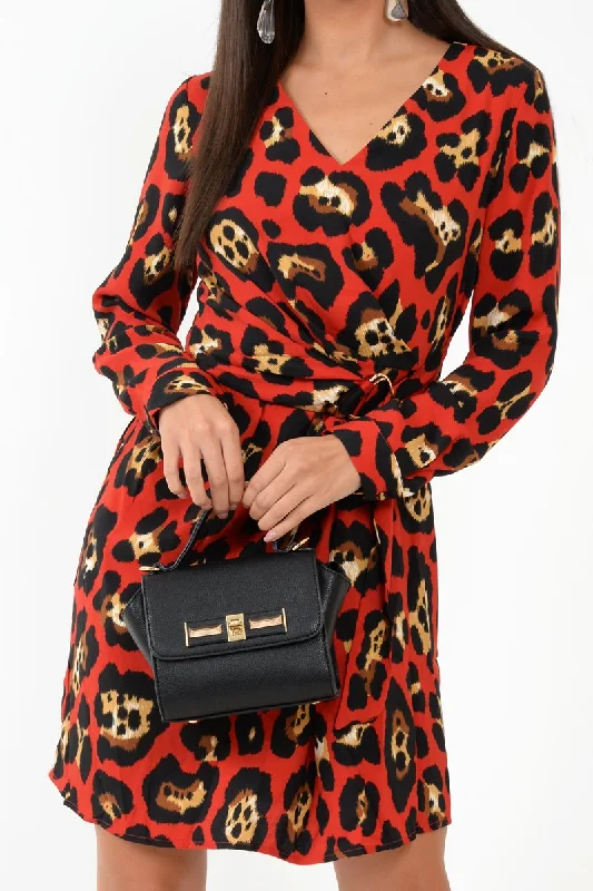 Elegant Wrap Dress for Cocktail Party -Flowy Wrap Dress for Day Out -Red Leopard Wrap Belted Dress - Keniah Elegant Wrap Dress for Cocktail Party -Flowy Wrap Dress for Day Out -Red Leopard Wrap Belted Dress - Keniah