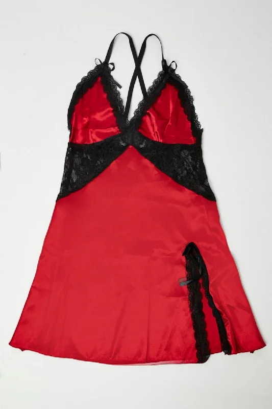 Satin Slip Dress for Wedding Guest -Satin Red Slip Dress with Lace Detail -Red Lingerie Set Slip Nightdress with Thong