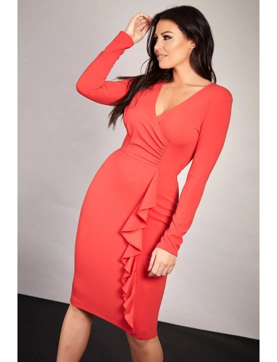 Deep V-neck Bodycon Dress -Red Long Sleeve Wrap Bodycon Midi Dress