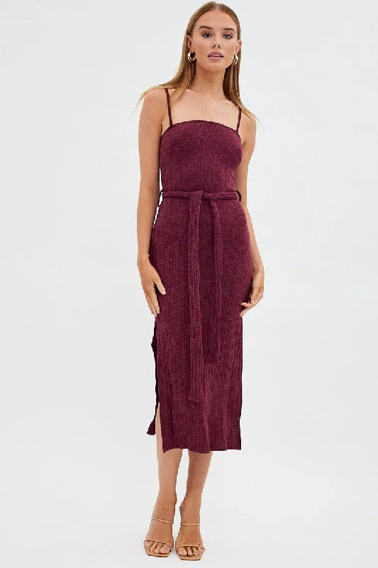 Women's Bodycon Dress with Spaghetti Straps -Red Maxi Dress Bodycon Tie Belted Rib