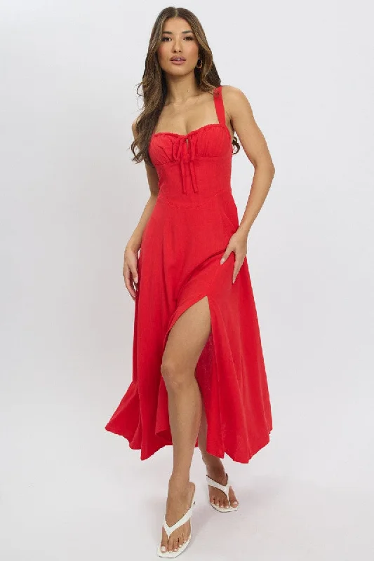Women's Wide Belt Maxi Dress-Red Maxi Dress Corset Detailed