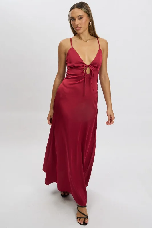 Women's Fitted Black Maxi Dress-Red Maxi Dress Cut Out Satin