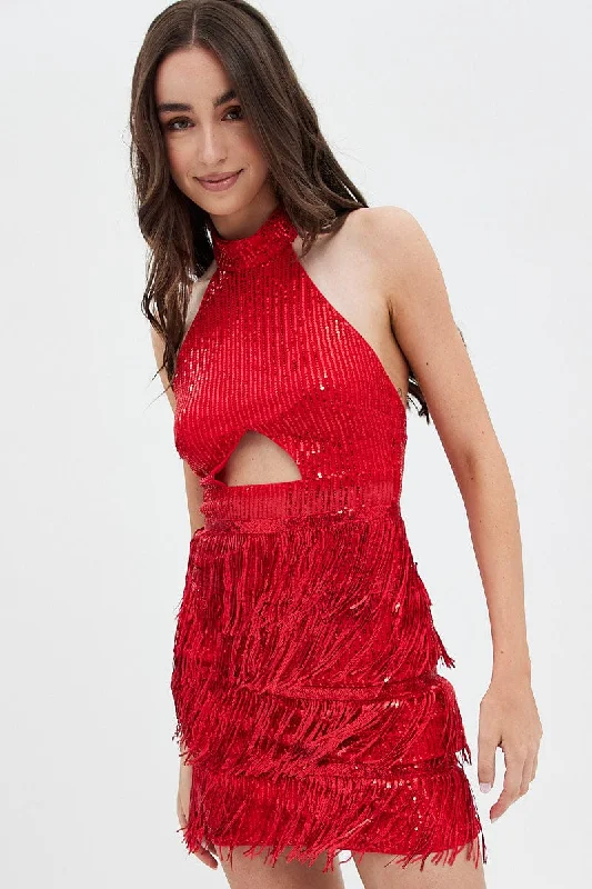 Purple Satin Bodycon Dress -Red Party Bodycon Halter Mini Dress Tassels