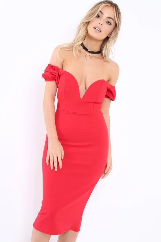 Strapless Bodycon Dress -Red Plunge V Bardot Midi Bodycon Dress - Nanda