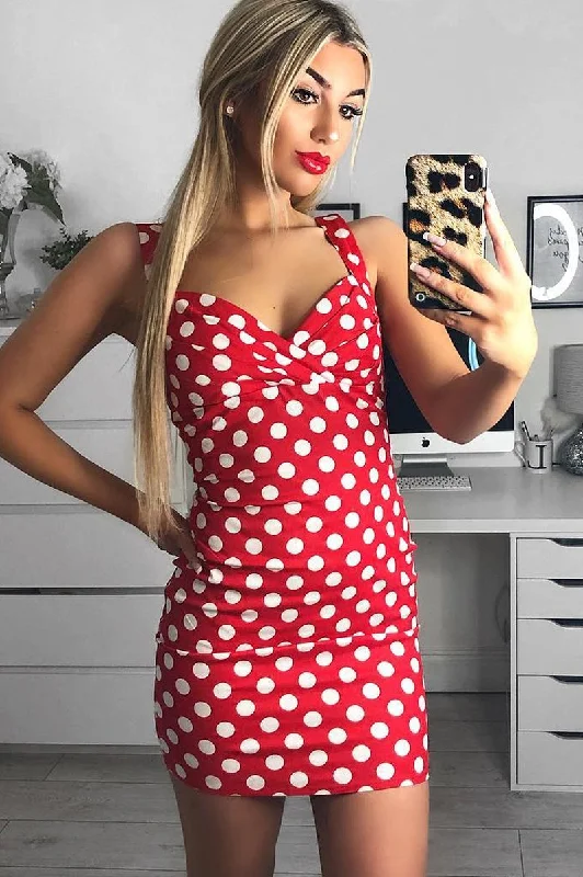 Velvet Bodycon Dress -Red Polka Dot Bodycon Dress - Madalyne