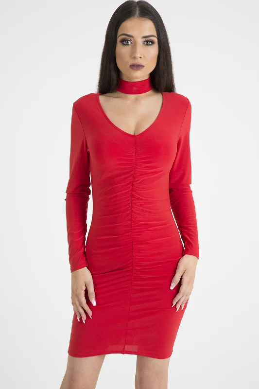 Sexy Bodycon Dress -Red Ruched Choker Bodycon Dress - Primrose