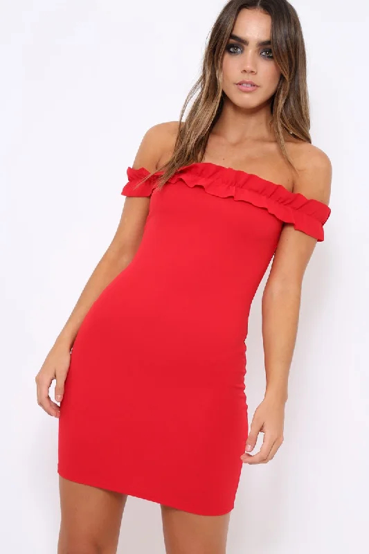 Black Satin A-line Bodycon Dress -Red Ruffle Bardot Bodycon Dress - Mollie