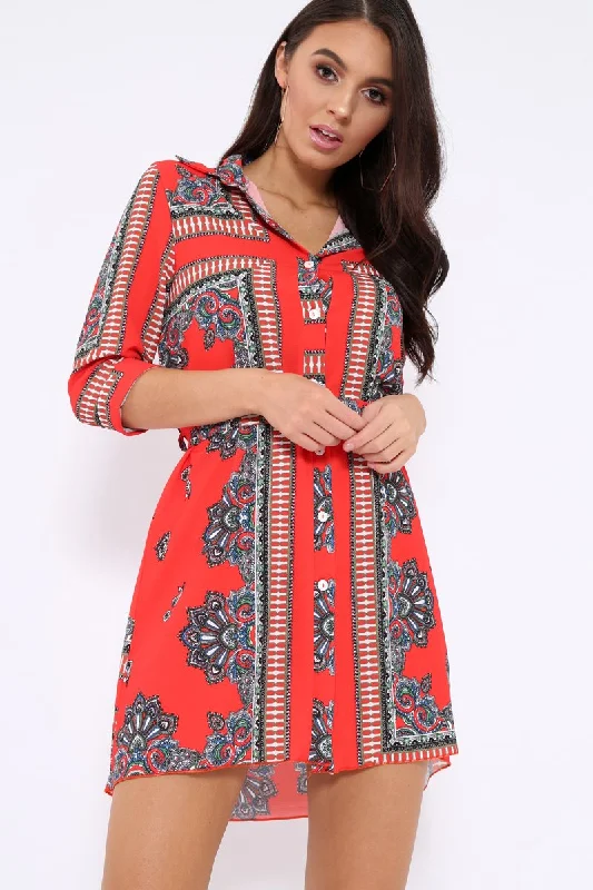 Women's Plain Shirt Dress-Red Scarf Print Shirt Dress - Kyah