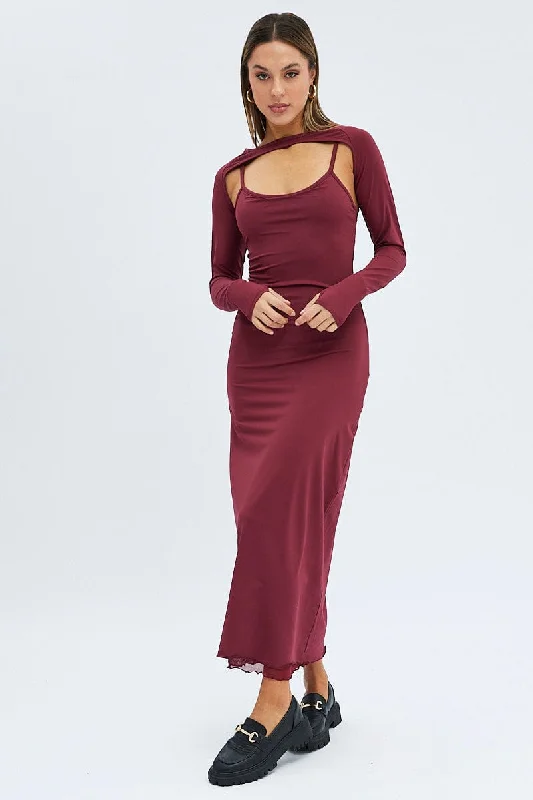 Bodycon Dress with Peplum Waist -Red Shrug & Dress Set Long Sleeve Maxi Bodycon Jersey