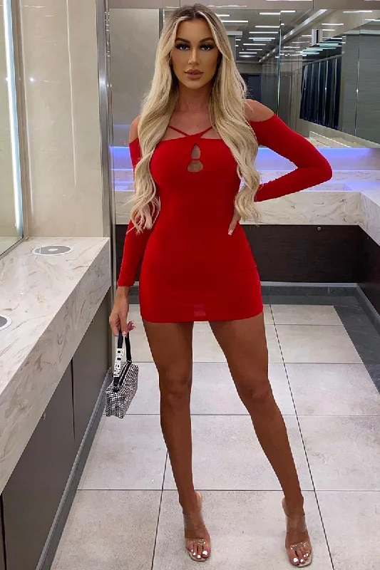 Women's Spaghetti Strap Bodycon Mini Dress-Red Cut Out Shoulders Slinky Mini Dress - Selena Women's Spaghetti Strap Bodycon Mini Dress-Red Cut Out Shoulders Slinky Mini Dress - Selena