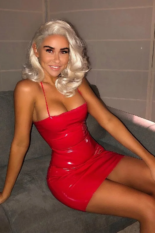 Sexy Casual Bodycon Dress -Red Straight Neck Vinyl Bodycon Dress - Keydi
