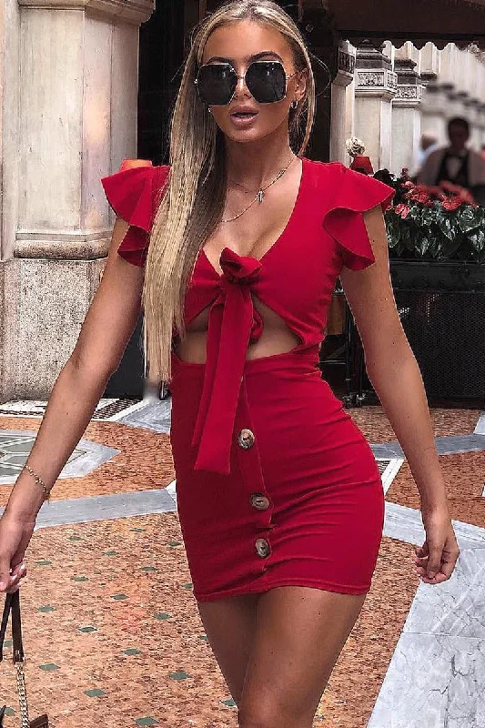 Sexy Pink Velvet Bodycon Dress -Red Tie Button Front Bodycon Dress - Aaira