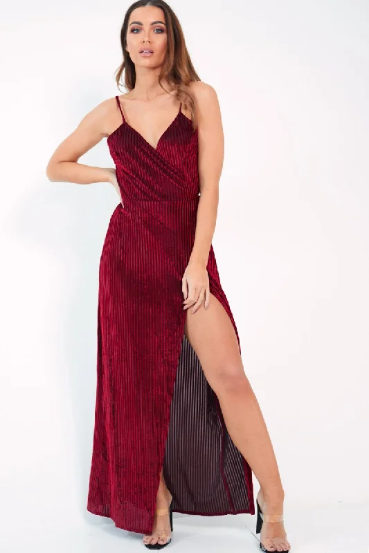 Women's Semi-formal Maxi Dress-Red Velvet Stripe Wrap Maxi Dress - Tamyah