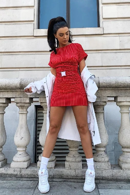 Easy-to-wear Shirt Dress-Red White Stripe Belted T-shirt Dress - Madisen
