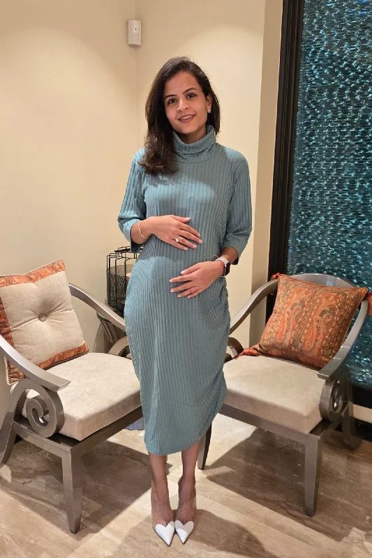 Maternity Dresses for Family Photoshoots -Refined Dusty Teal Ribbed Maternity Fitted Dress Maternity Dresses for Family Photoshoots -Refined Dusty Teal Ribbed Maternity Fitted Dress