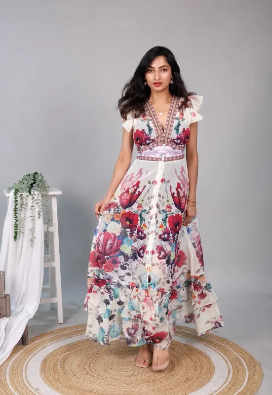 Women's Floral Open-back Maxi Dress-Rena Vintage Statement Maxi Dress