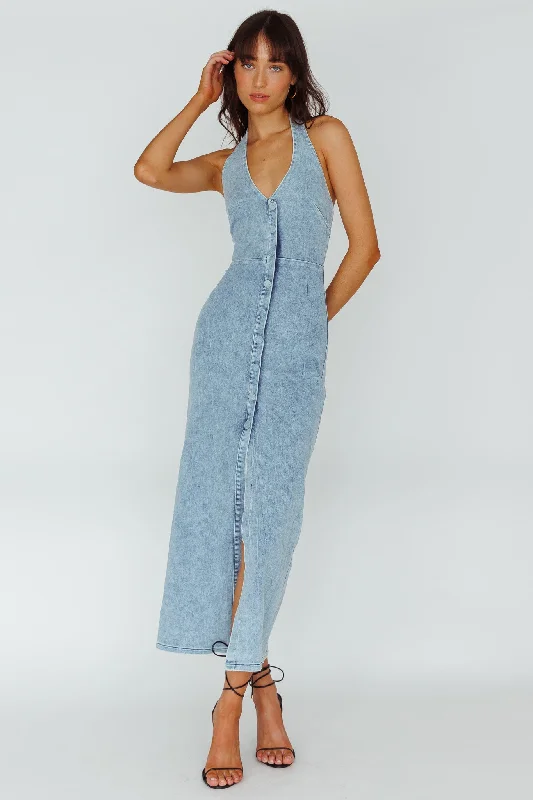 Women's Lace Maxi Dress-Renita Halterneck Button Maxi Dress Denim Blue