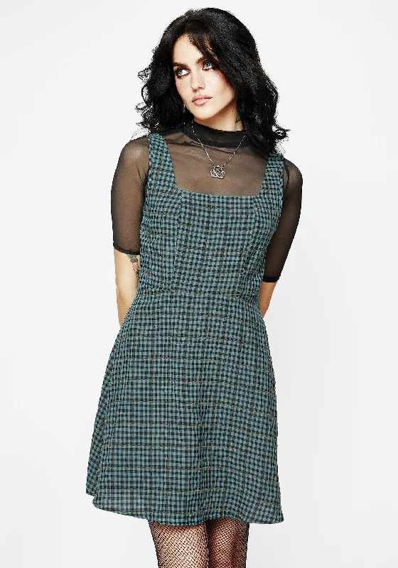 Women's Printed V-neck Mini Dress-Restless Check Mini Apron Dress