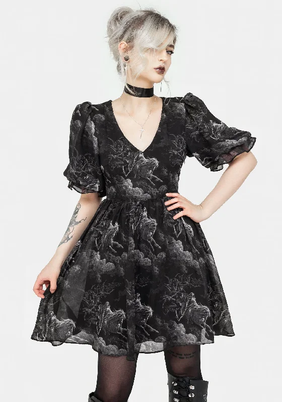Women's Striped A-line Mini Dress-Revelation Chiffon Puff Sleeve Mini Dress