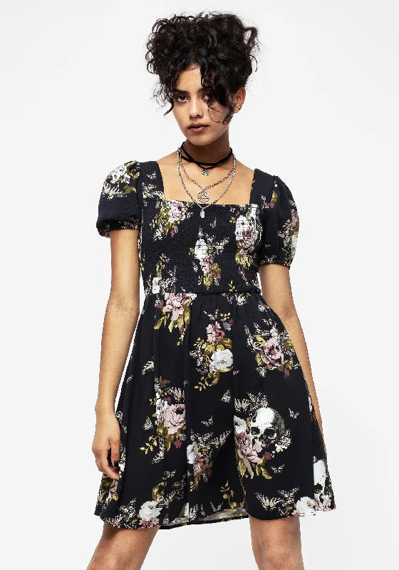Women's Tropical Print Mini Dress-Revival Floral Puff Sleeve Shirred Mini Dress