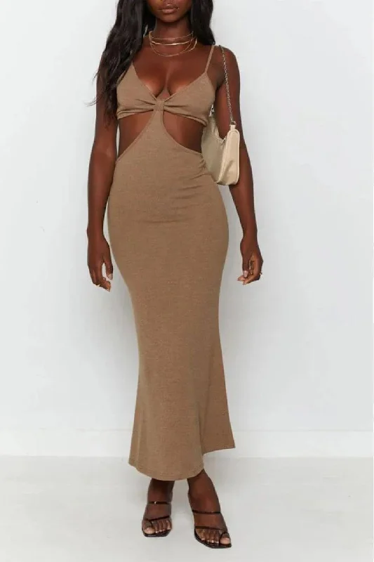 Bodycon Dress with Button Details -Reya Bodycon Holiday Dress in Brown