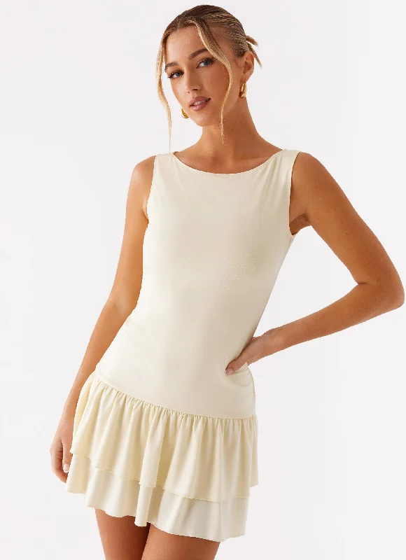 Women's Knit Mini Dress-Rhiannon Frill Mini Dress - Yellow