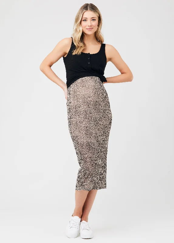 Maternity Dresses with Crisscross Detail -Ripe Maternity Leopard Mesh Midi Skirt