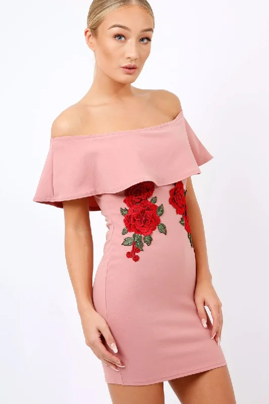 Plus Size White Bodycon Dress -Rose Bardot Frill Bodycon Applique Dress - Leticia
