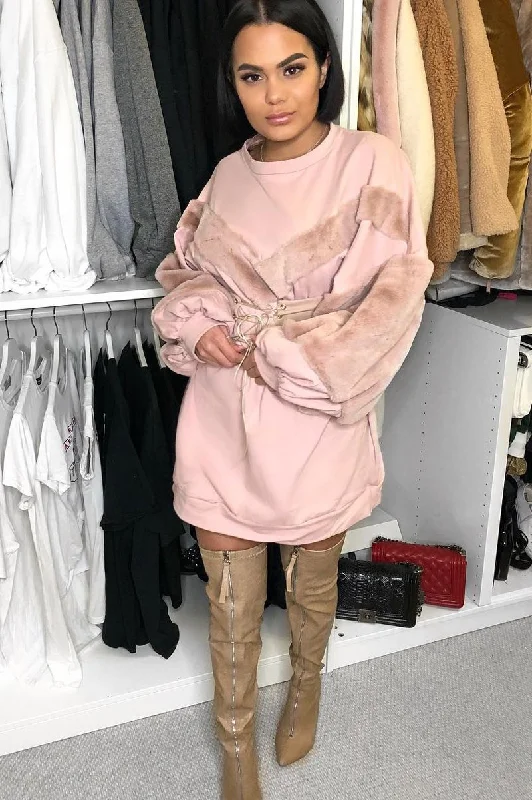 Women's Faux Wrap Midi Dress-Rose Chevron Fur Jumper Dress - Esme