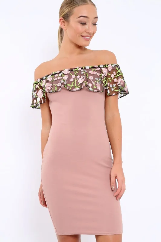 Sexy Black Satin Dress -Rose Embroidered Bardot Bodycon Dress - Jaxie