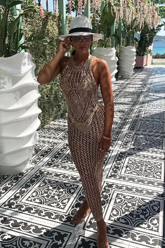 Women's Tie-dye Maxi Dress-Rose Gold Metallic Mesh Maxi Dress - Helma